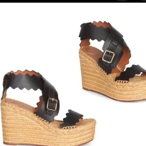 Chloe Black Leather Scalloped Platform Espadrilles Wedge Sandals Womens Sz 7 EUC - Picture 2 of 4